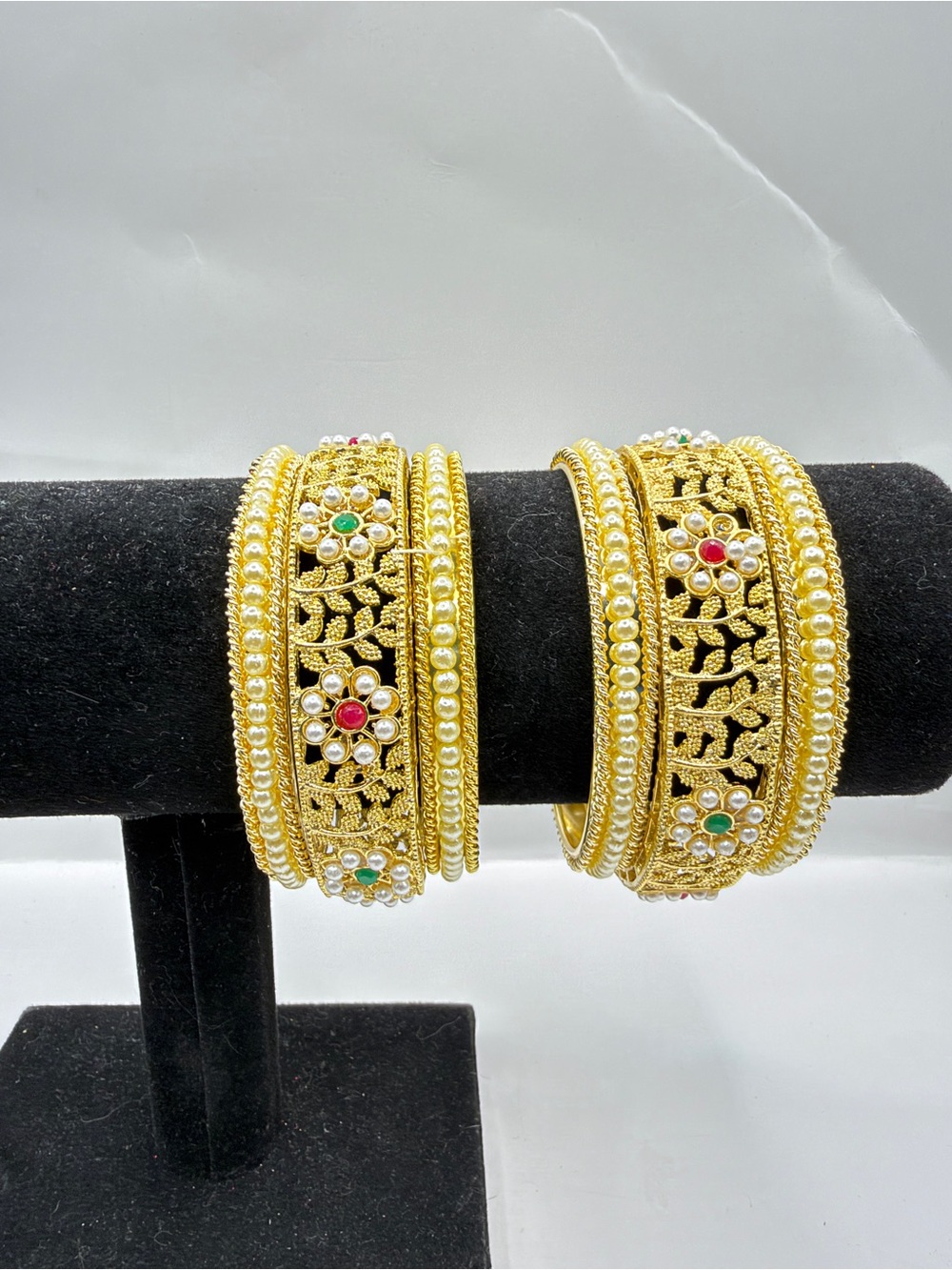 Traditional Gold-Tone Jadu Floral Pearl Bangle Kada Set